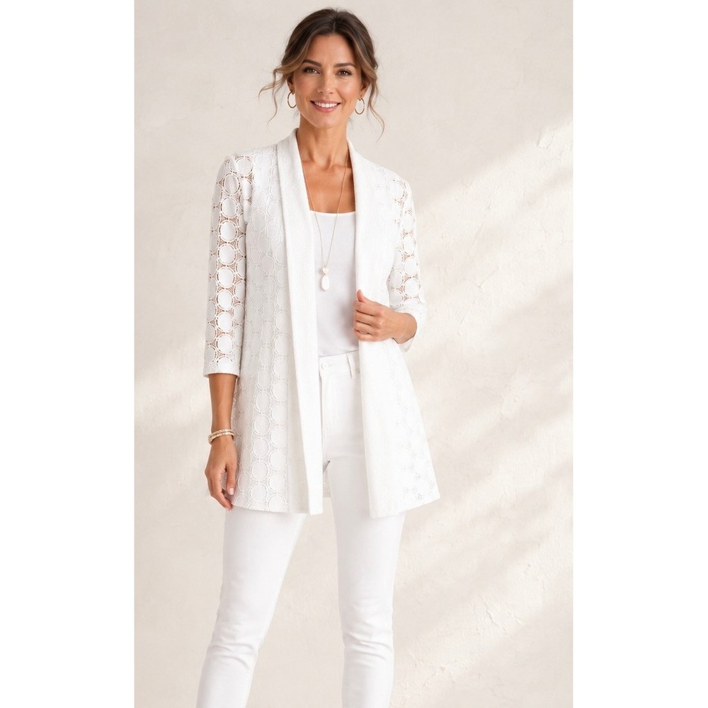 Chicos Travelers White Circle Lace Textured Open Front Jacket Size 0 NWOT
